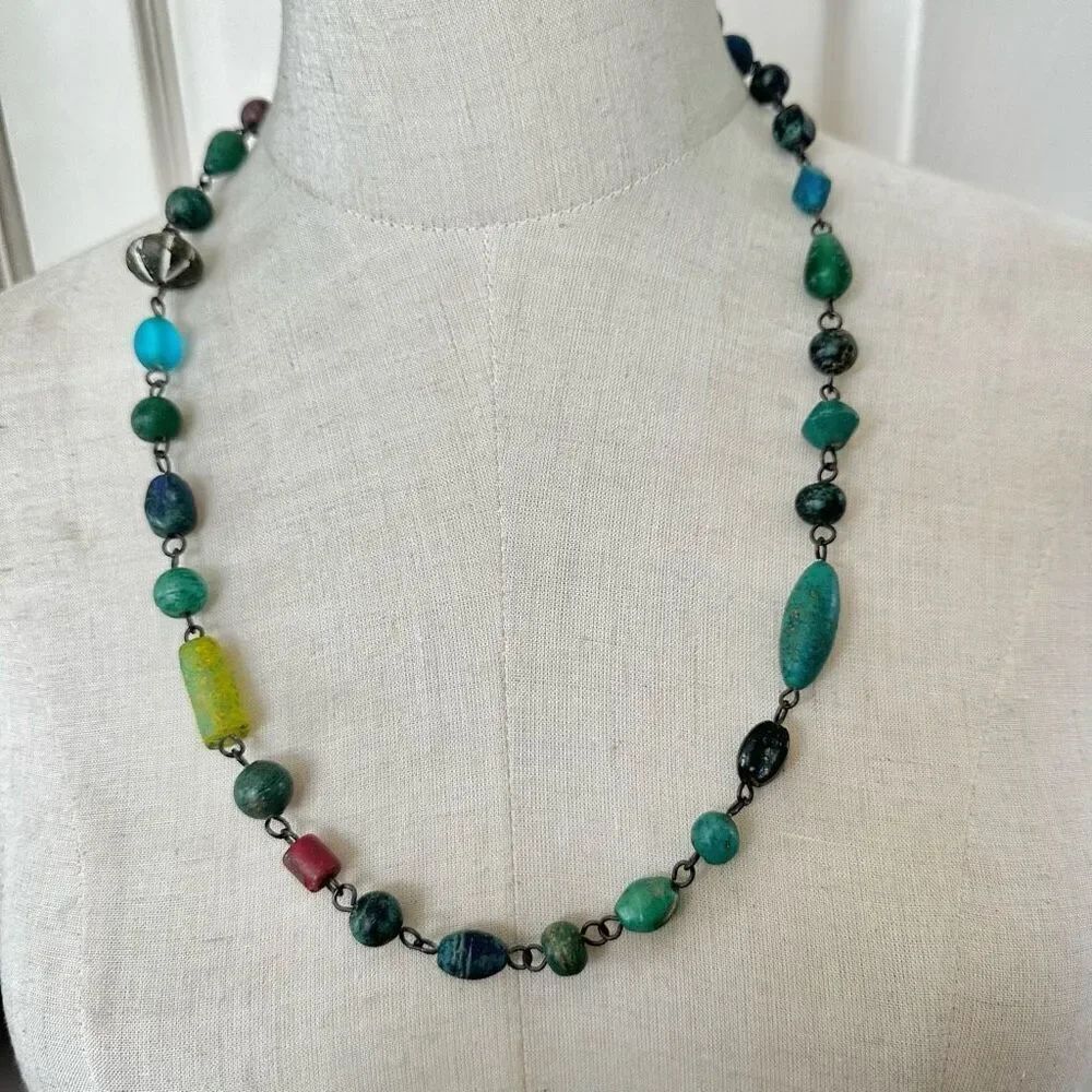 Blue and green handmade beaded long necklace